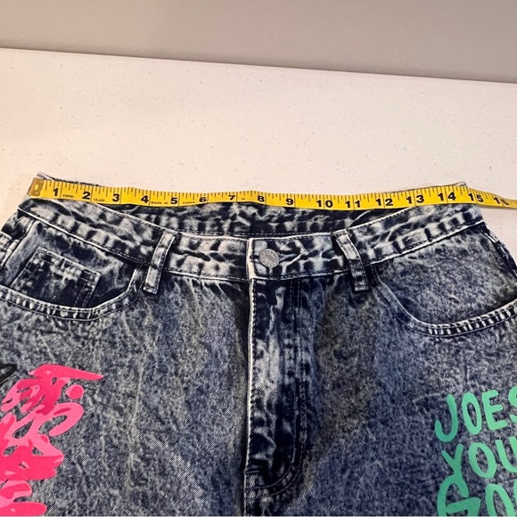 Shevadne Acid Washed Denim Jeans Graffiti Elastic Hi Rise 80's Style Womens L - Picture 8 of 14